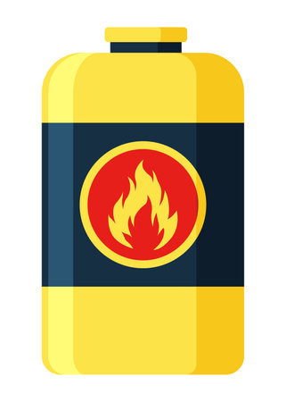 Toxic chemical barrel. Steel tank with dangerous waste. Container with flame icon in flat style. Dangerous substance. Storage of oil componentsのイラスト素材