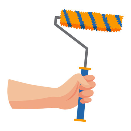 Construction tool in hand, roller. Repair and housework equipment in flat design, vector illustration. Master tool for building renovationのイラスト素材