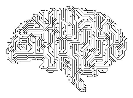 Brain with circuit board texture. Digital concept. Circuit board computer style brain. Stylized mind technology. Artificial intelligence in Brain shapeのイラスト素材