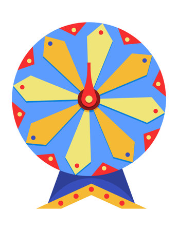 Wheel fortune. Roulette game wheel with sections, flat icon. Spin lucky wheel, casino, money game symbol. Isolated vector illustrationのイラスト素材
