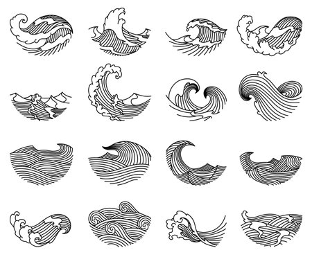 Oriental waves icons japan. Stylized ocean wave curls, japan style tsunami, sea swirls graphics collection. Oceanic water asian decorative ornamental splashes elements. Art vector illustrationのイラスト素材