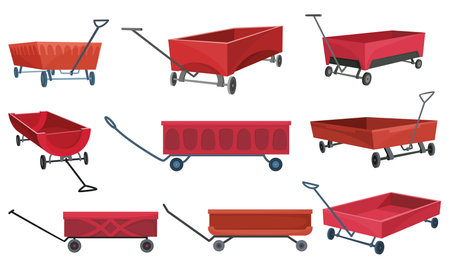 Garden cart cartoon or farm wheelbarrow icon set. Gardening, farming concept. Equipment of garden cart or garden wagon, vector illustration on white backgroundのイラスト素材