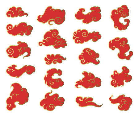 Clouds chinese style. Collection of red and gold clouds, traditional Asian decorative retro element. Light cloud in paper cut style for festivalのイラスト素材