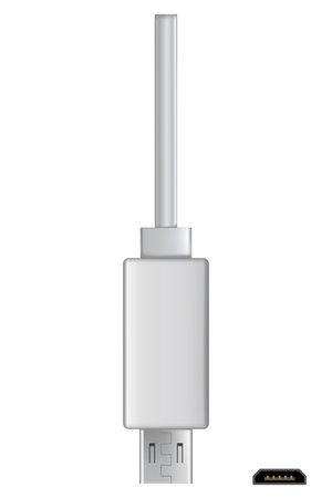 Usb cable connector, micro USB. Realistic vector of phone jack for cabling in white color. Cable for charging or transmitting information for modern electronic devicesのイラスト素材
