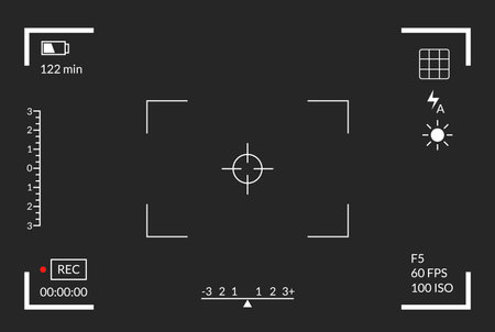 Viewfinder video recording. Camera focusing screen. Black screen camera with video shooting parameters, video quality indicators. Digital zoom recording for modern bloggers, vector illustrationのイラスト素材