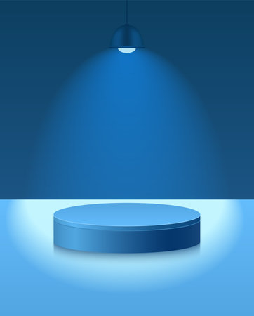 Light podium with hanging lamp, spot light. Abstract empty room with blue color cylinder stand pedestal. Vector stage for showcase, display presentation. Studio room conceptのイラスト素材