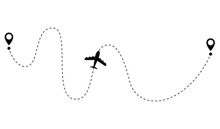 Airplane dotted route line. Path travel line shape. Flight route with start point and dash line trace for plane isolated vector illustrationのイラスト素材