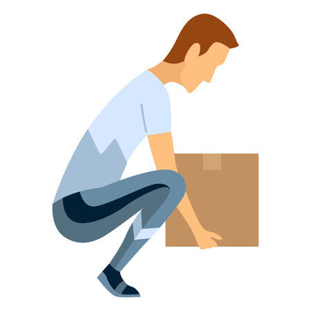 Lifting technique safe movement. Safety. Correct instruction for moving heavy packages for workers. Ergonomic movement for loading objects vector flat illustrationのイラスト素材