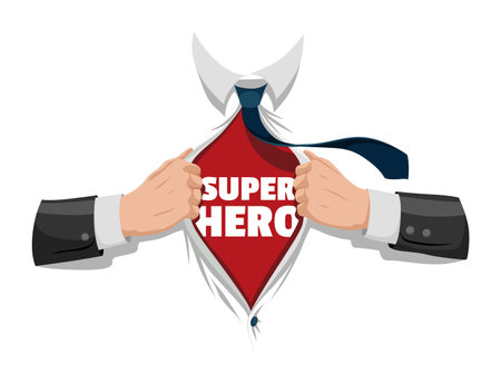 Opening shirt superhero. Office worker or businessman tearing his shirt to show text in flat cartoon style. Business success concept in pop art comic style. Vector illustrationのイラスト素材