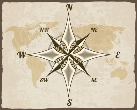 Retro nautical compass. Hand drawn wind rose on map background. Old vector design element for marine theme and heraldry. Vintage rose of wind for sea marine navigationのイラスト素材