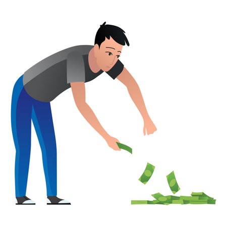 Man keep money under bed mattress. Male character poor financial literacy, cash saving, cartoon vector illustration isolated on white. Dollar stash in bad place, person get cashのイラスト素材