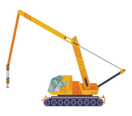 Hoisting crane icon. Construction crane. Equipment in flat style. Yellow industrial heavy machine. Lifter doing heavy liftingのイラスト素材