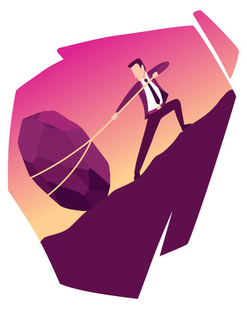 Businessman with boulder vector illustration. Unhappy person pulls rock or boulder suffer with overwork and responsibility. Crisis problem of business people, burden, challenge, conquering conceptのイラスト素材
