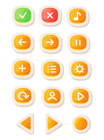 Game UI button. Mobile application or game interface element. Cartoon colorful design. Sticker or label for user interfaceのイラスト素材