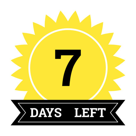 Countdown of days. Number 7 of days left to go. Promotional banner. Price offer promo deal timer, seven day only. Stylized counter in black and yellow colorsのイラスト素材