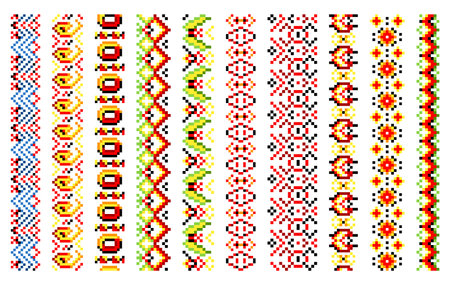 Ukrainian traditional embroidery. Set of patterns for cross stitching decoration. Cross-stitch traditional folk. Vector illustration of ethnic seamless ornamental geometric designのイラスト素材