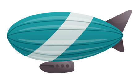 Zeppelin passenger airship. Bright colored cigar shaped balloon or retro zeppelin with stripes cabin for people elongated. Huge balloon with helium for free travel tourism. Vector cartoon artのイラスト素材