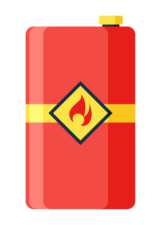 Toxic chemical barrel. Steel tank with dangerous waste. Container with flame icon in flat style. Dangerous substance. Storage of oil componentsのイラスト素材