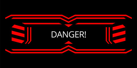 Hud danger alert. Attention vector red interface sign, warning or caution UI. Tech or digital cyber frame. System failure or danger zoneのイラスト素材