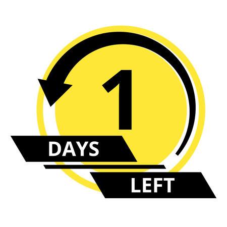 Countdown of days. Number 1 of days left to go. Promotional banner. Price offer promo deal timer, one day only. Stylized counter in black and yellow colorsのイラスト素材