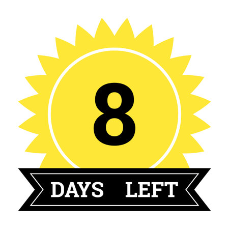 Countdown of days. Number 8 of days left to go. Promotional banner. Price offer promo deal timer, eight day only. Stylized counter in black and yellow colorsのイラスト素材