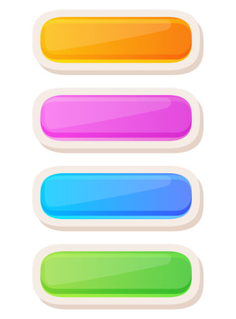 Game UI button. Mobile application or game interface element. Cartoon colorful design. Sticker or label for user interfaceのイラスト素材