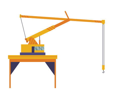 Hoisting crane icon. Construction crane. Equipment in flat style. Yellow industrial heavy machine. Lifter doing heavy liftingのイラスト素材