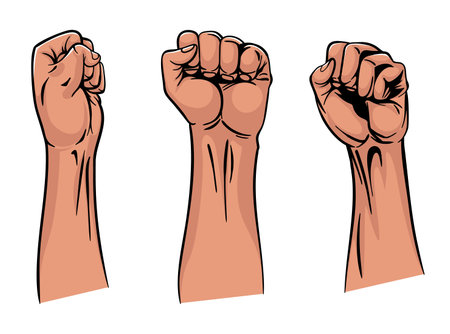 Rised fist hand gesture emblems. Vector hand clenched into fist and rising up, symbols isolated on white background. Power signs. Human hands up in the airのイラスト素材
