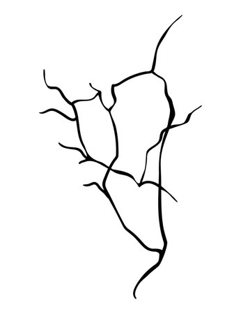 Ground cracks, breaks on land surface from earthquake isolated on white background. Vector realistic fissure, crevices from disaster or drought, black fractures top viewのイラスト素材