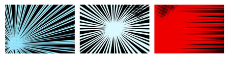 Comic book speed lines set, explosion effect. Abstract radial zoom speed light, motion background set. Mega speed frames. Vector illustration on white backgroundのイラスト素材