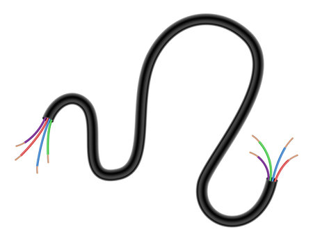 Broken electrical copper wire or cord. Damaged electric power cable. Torn wire with bare wire. Danger electric problem. Color electricity cable. Vector illustration isolated on white backgroundのイラスト素材