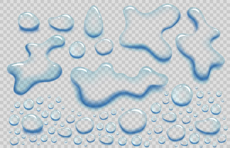 Water puddle drops set. Top view liquid splashes set, wet environment. Water spill or aqua scattered drops isolated on transparent backgroundのイラスト素材