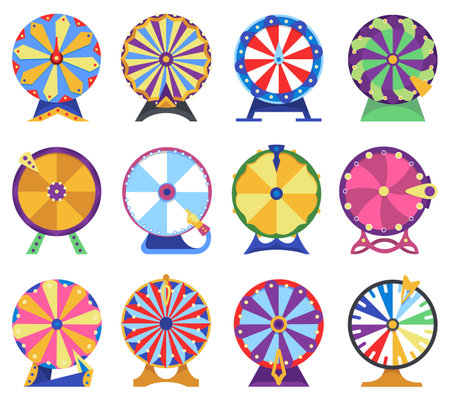 Wheel fortune set. Roulette game wheels with sections, flat icons. Spin lucky wheels, casino, money game symbols. Isolated vector illustrationのイラスト素材
