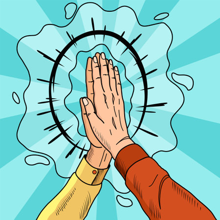 Hands give five pop art. Male hands in gesture of success. Vintage cartoon retro vector illustration. Perfect for conveying a sense of teamwork, collaboration and celebrationのイラスト素材