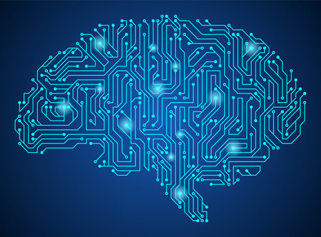 Brain with circuit board texture. Digital concept. Circuit board computer style brain. Stylized mind technology. Artificial intelligence in Brain shapeのイラスト素材