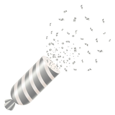 Party poppers with spraying confetti and streamer. Festive decoration element of paper and tinsel isolated on white background. Vector holiday event attributeのイラスト素材
