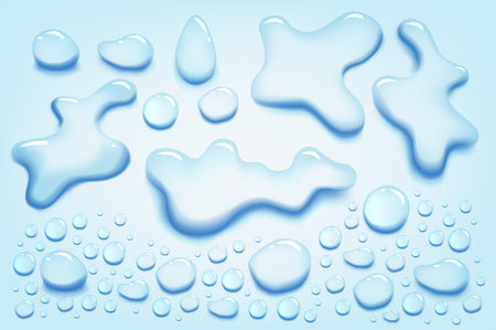 Water puddle drops set. Top view liquid splashes set, wet environment. Water spill or aqua scattered drops isolated on blue backgroundのイラスト素材