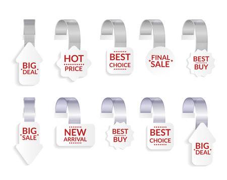 Promotional wobblers mockup set. Price tags hang on wall. Supermarket sale promotion pointing wobbler. Sale or discount label, special offer price tagのイラスト素材