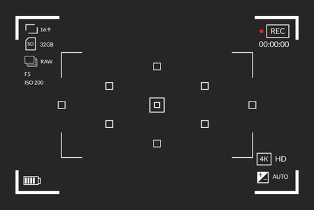 Viewfinder video recording. Camera focusing screen. Black screen camera with video shooting parameters, video quality indicators. Digital zoom recording for modern bloggers, vector illustrationのイラスト素材