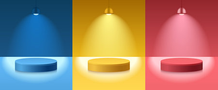 Light podium with hanging lamps, spot lights. Abstract empty room with set of red, yellow and blue color cylinder stand pedestal. Vector stage for showcase, display presentation. Studio room conceptのイラスト素材
