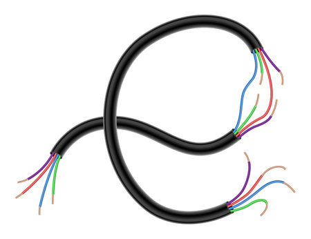 Broken electrical copper wire or cord. Damaged electric power cable. Torn wire with bare wire. Danger electric problem. Color electricity cable. Vector illustration isolated on white backgroundのイラスト素材