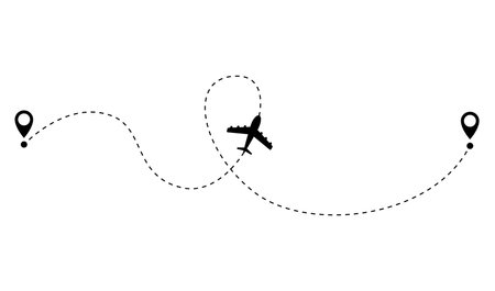Airplane dotted route line. Path travel line shape. Flight route with start point and dash line trace for plane isolated vector illustrationのイラスト素材