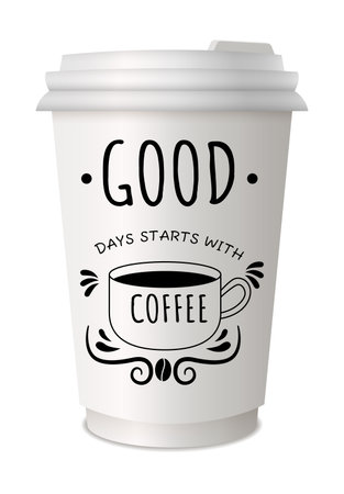 Coffee to go lettering on disposable cup. Lettering emblem quotes text. Hot street drink cardboard packaging plastic or paper cap diversity. Trendy and bright graffiti styleのイラスト素材