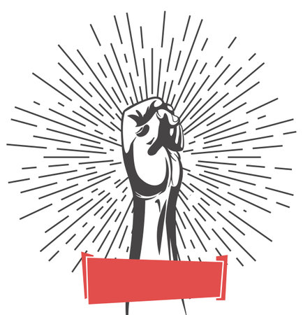 Rised fist hand gesture emblem. Vector hand clenched into fist and rising up, symbol isolated on white background. Power sign. Human hand up in the airのイラスト素材
