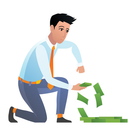 Man keep money under bed mattress. Male character poor financial literacy, cash saving, cartoon vector illustration isolated on white. Dollar stash in bad place, person get cashのイラスト素材