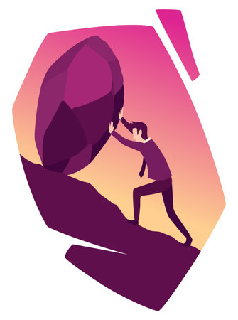 Businessman with boulder vector illustration. Unhappy person push rock or boulder suffer with overwork and responsibility. Crisis problem of business people, burden, challenge, conquering conceptのイラスト素材