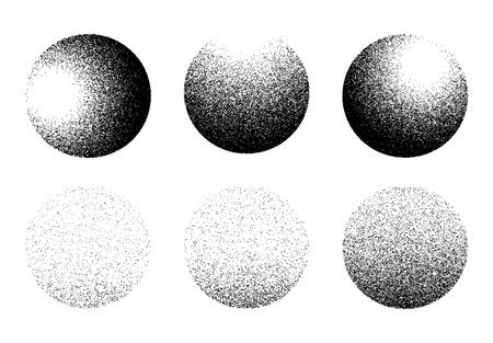Dotwork noise gradient circles. Sand grain effect. Black noise stipple dots patterns. Abstract grunge dotwork gradients. Black grain dots elements. Halftone circles. Dotted vector setのイラスト素材