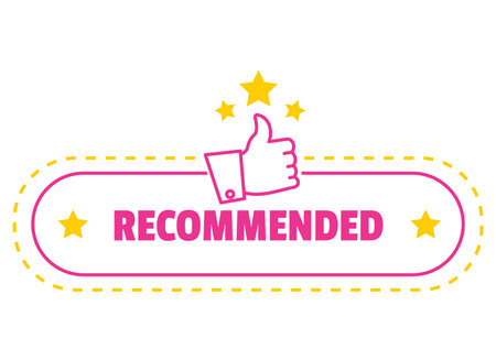 Recommend badge. Colorful tag design with thumb up, isolated on white background. Recommendation and approval of production, isolated label. Promotional bright banner, premium qualityのイラスト素材