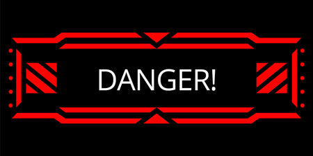 Hud danger alert. Attention vector red interface sign, warning or caution UI. Tech or digital cyber frame. System failure or danger zoneのイラスト素材