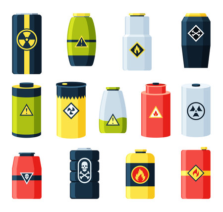 Toxic chemical barrels. Steel tanks with radioactive waste. Containers with oil drop, crossbones, radiation and biohazard icons in flat style. Dangerous substance. Storage of nuclear componentsのイラスト素材